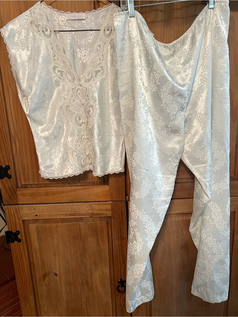 Vintage Women’s Lace-Trim Floral Satin Silk Sleep Set Cream 90’s Ralph Lauren S